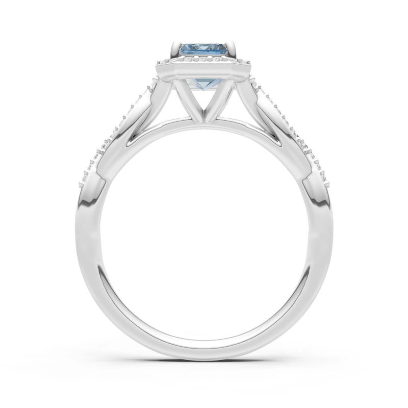 Aquamarine Twisted Vine Solitaire Emerald Cut Halo Ring with Accent