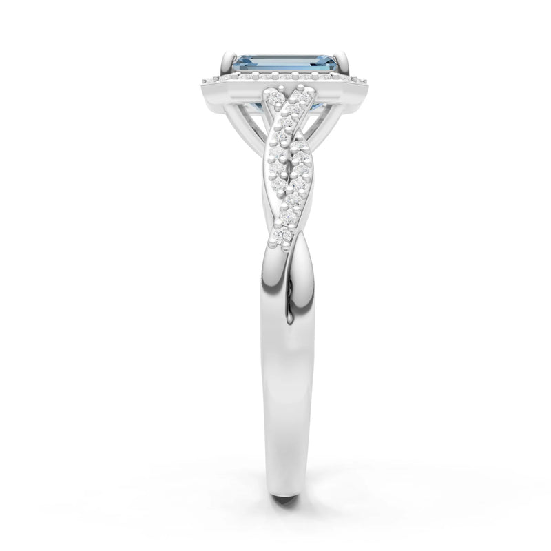 Aquamarine Twisted Vine Solitaire Emerald Cut Halo Ring with Accent
