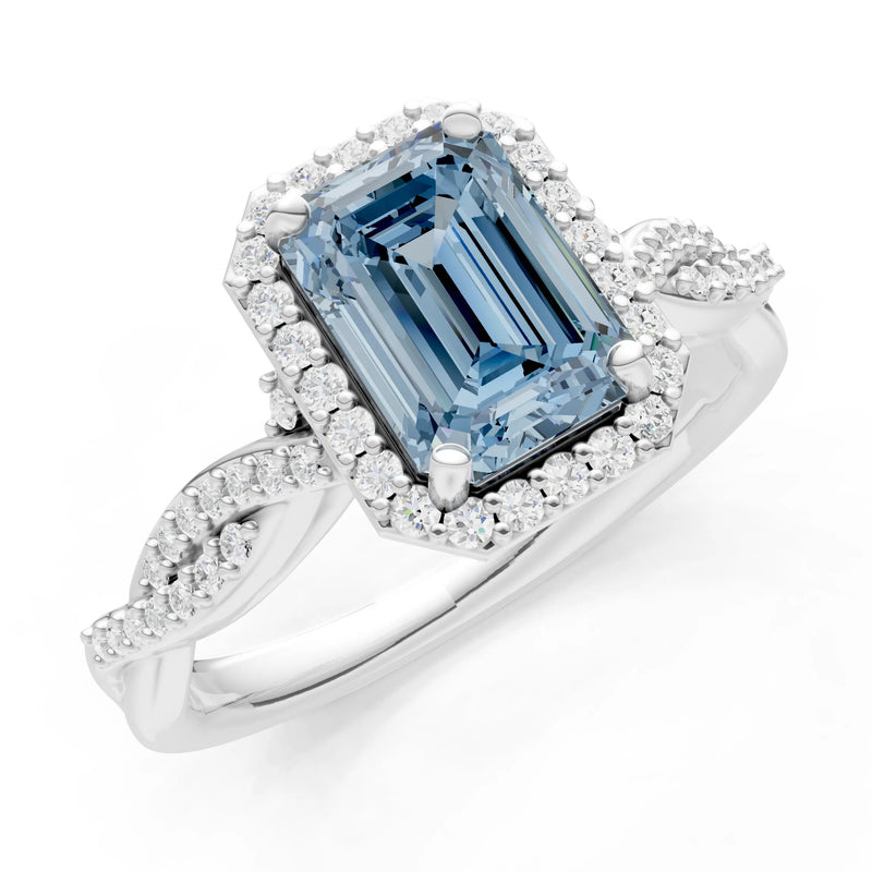 Aquamarine Twisted Vine Solitaire Emerald Cut Halo Ring with Accent