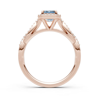 Aquamarine Twisted Vine Solitaire Emerald Cut Halo Ring with Accent