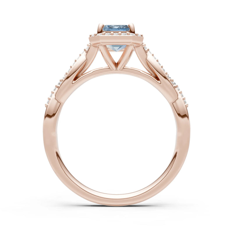Aquamarine Twisted Vine Solitaire Emerald Cut Halo Ring with Accent