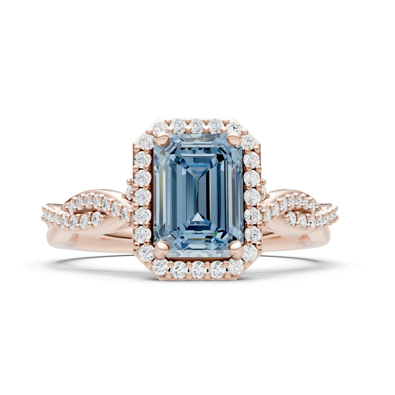Aquamarine Twisted Vine Solitaire Emerald Cut Halo Ring with Accent
