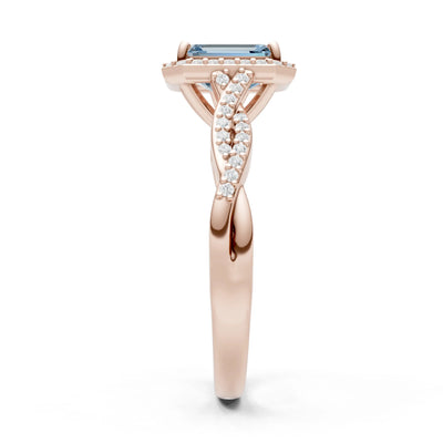 Aquamarine Twisted Vine Solitaire Emerald Cut Halo Ring with Accent