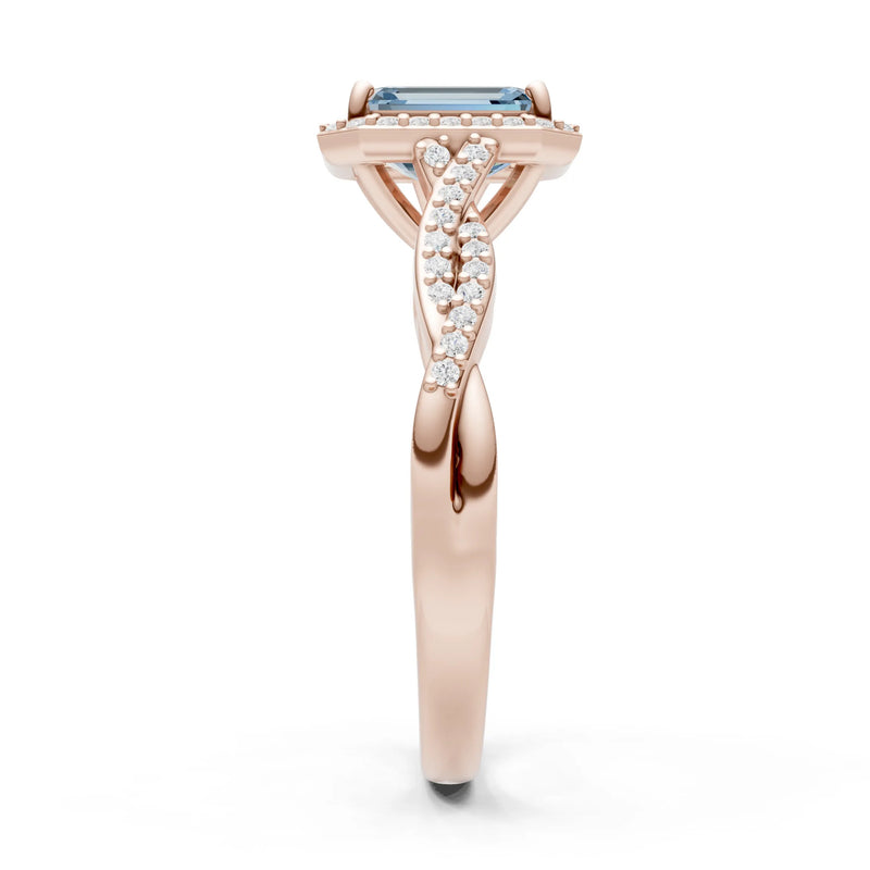 Aquamarine Twisted Vine Solitaire Emerald Cut Halo Ring with Accent