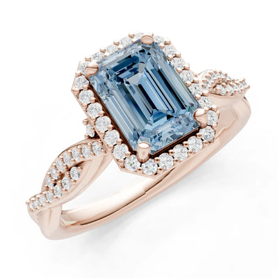 Aquamarine Twisted Vine Solitaire Emerald Cut Halo Ring with Accent