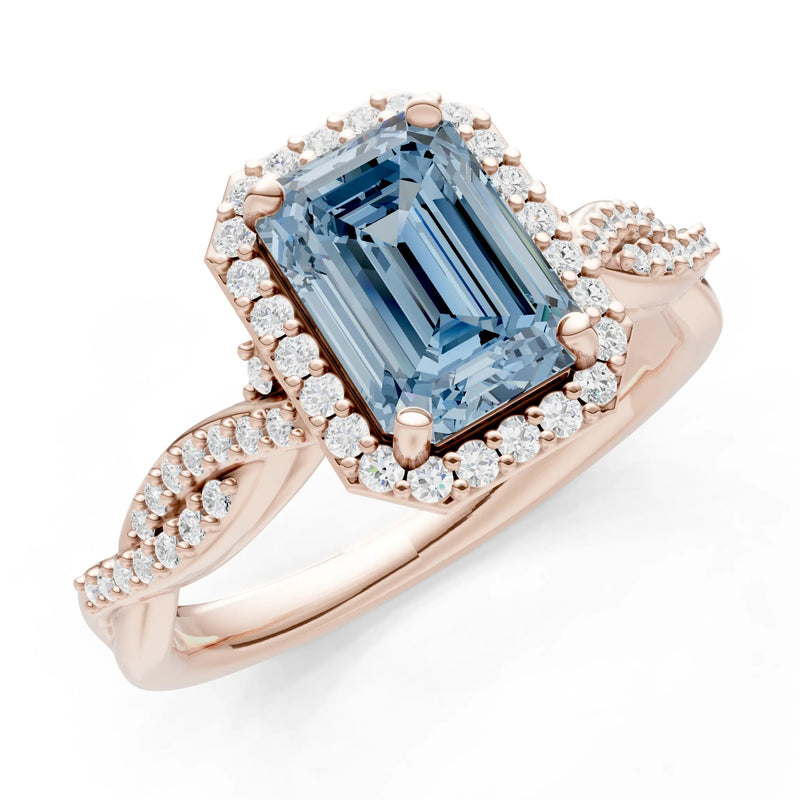 Aquamarine Twisted Vine Solitaire Emerald Cut Halo Ring with Accent