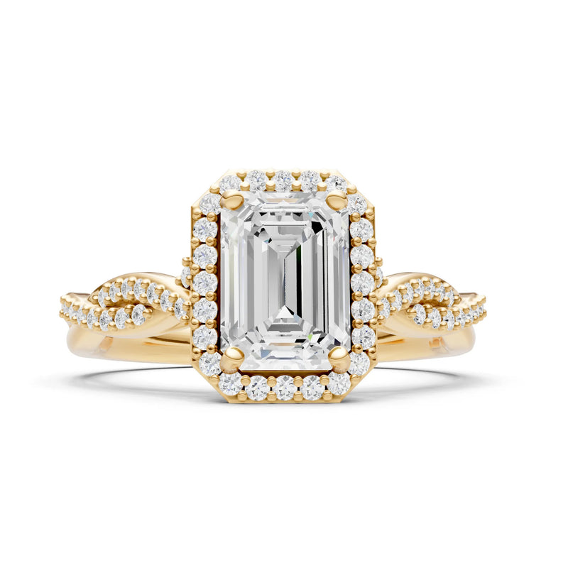 Moissanite Twisted Vine Solitaire Emerald Cut Halo Ring with Accent