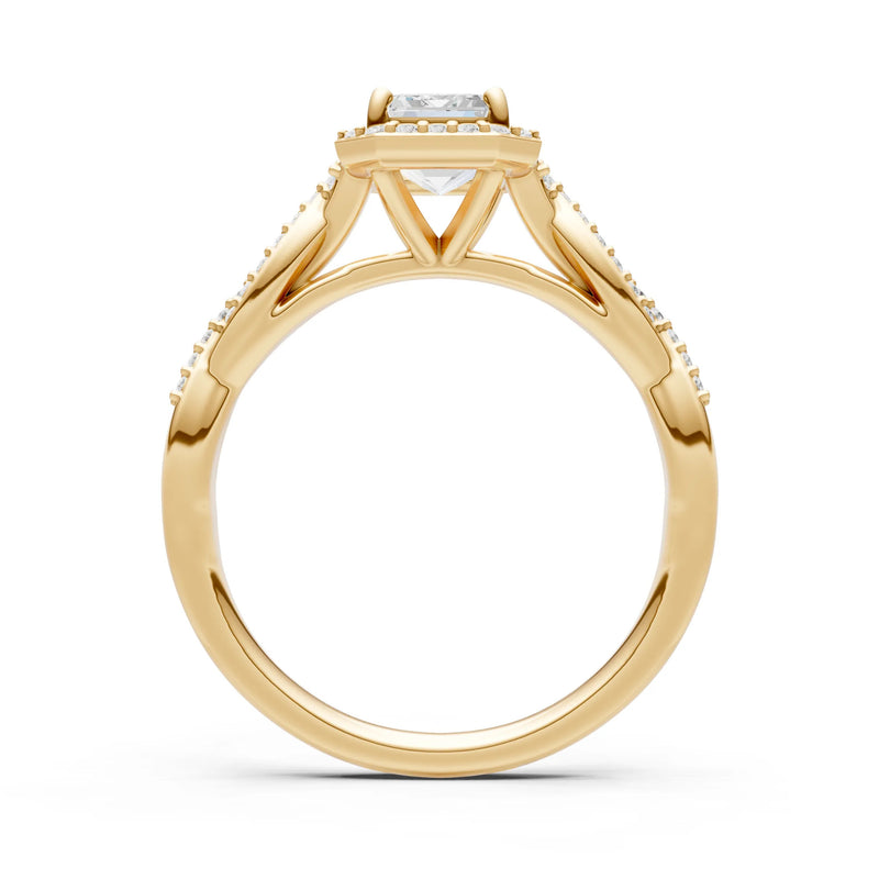 Moissanite Twisted Vine Solitaire Emerald Cut Halo Ring with Accent