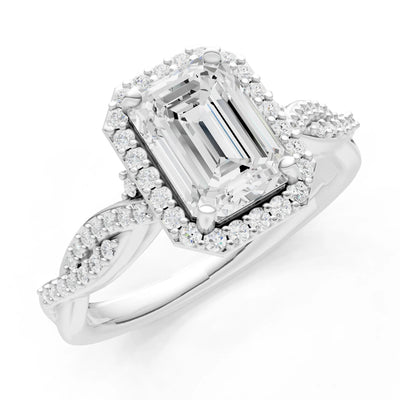 Twisted Vine Solitaire Emerald Cut Halo Ring with Accent