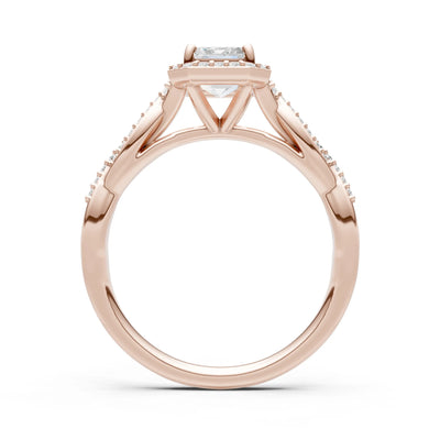 Moissanite Twisted Vine Solitaire Emerald Cut Halo Ring with Accent