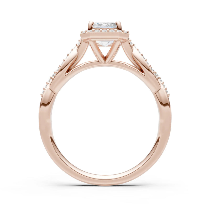 Moissanite Twisted Vine Solitaire Emerald Cut Halo Ring with Accent
