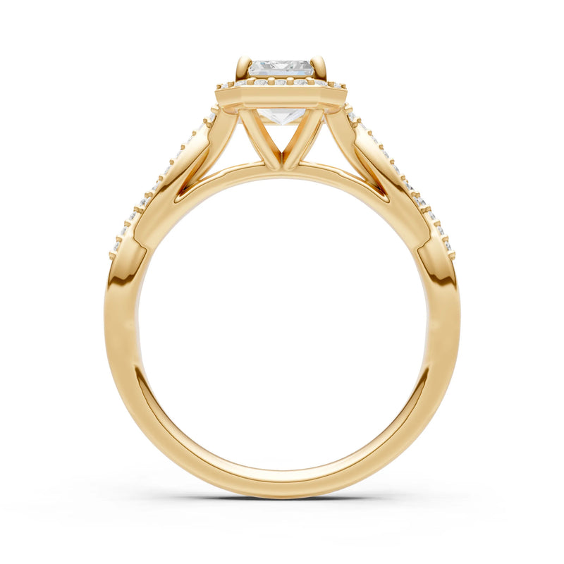 Diamond Twisted Vine Solitaire Emerald Cut Halo Ring with Accent