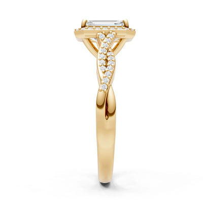 Diamond Twisted Vine Solitaire Emerald Cut Halo Ring with Accent