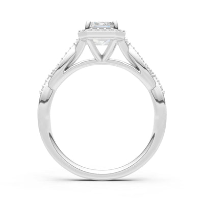 Diamond Twisted Vine Solitaire Emerald Cut Halo Ring with Accent