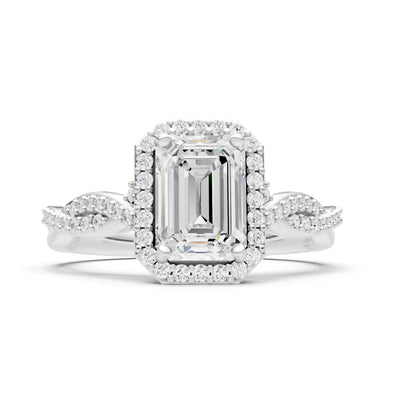 Diamond Twisted Vine Solitaire Emerald Cut Halo Ring with Accent
