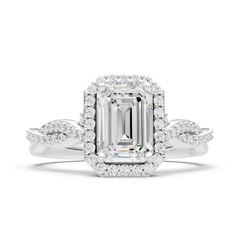 Diamond Twisted Vine Solitaire Emerald Cut Halo Ring with Accent
