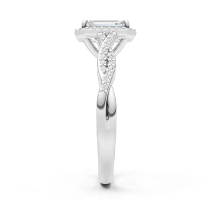 Diamond Twisted Vine Solitaire Emerald Cut Halo Ring with Accent