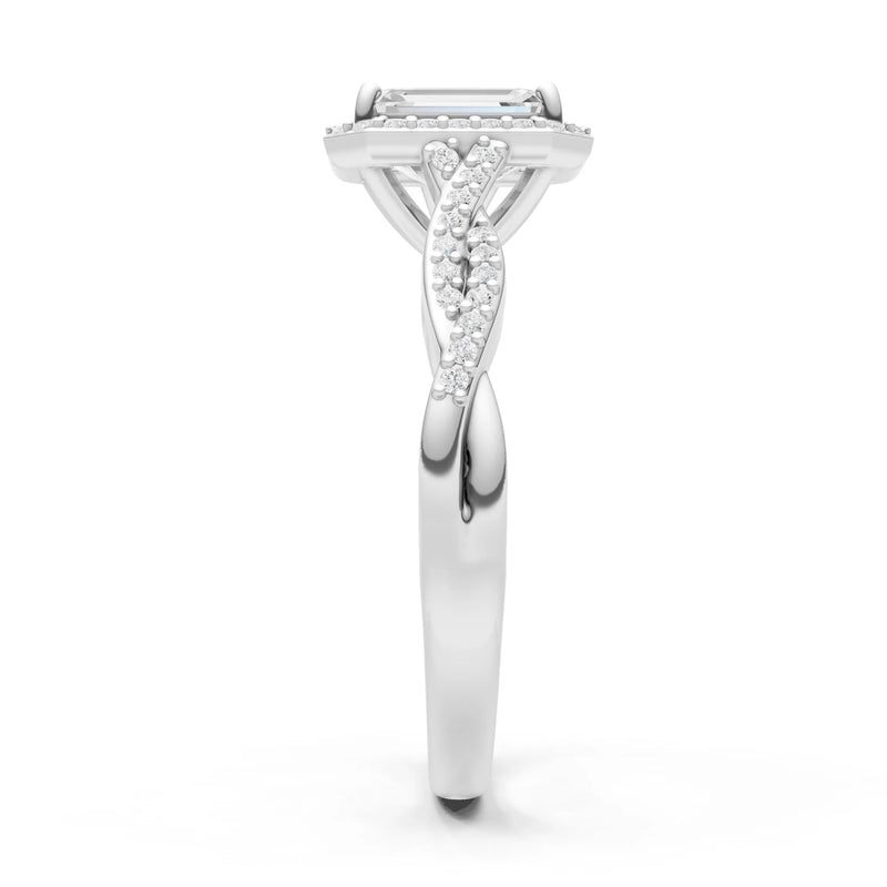 Diamond Twisted Vine Solitaire Emerald Cut Halo Ring with Accent