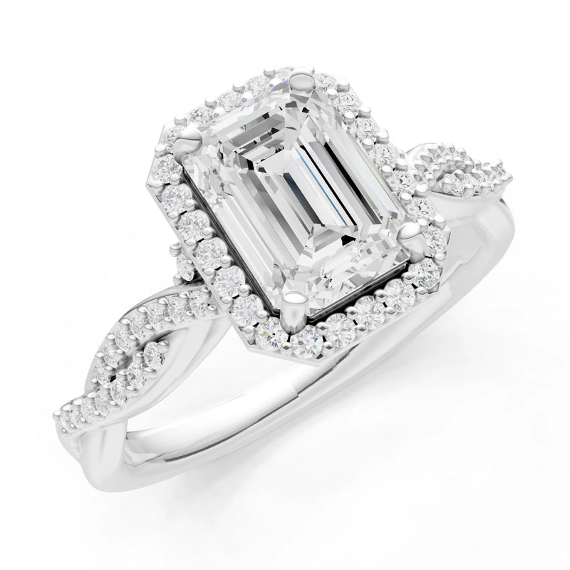 Diamond Twisted Vine Solitaire Emerald Cut Halo Ring with Accent