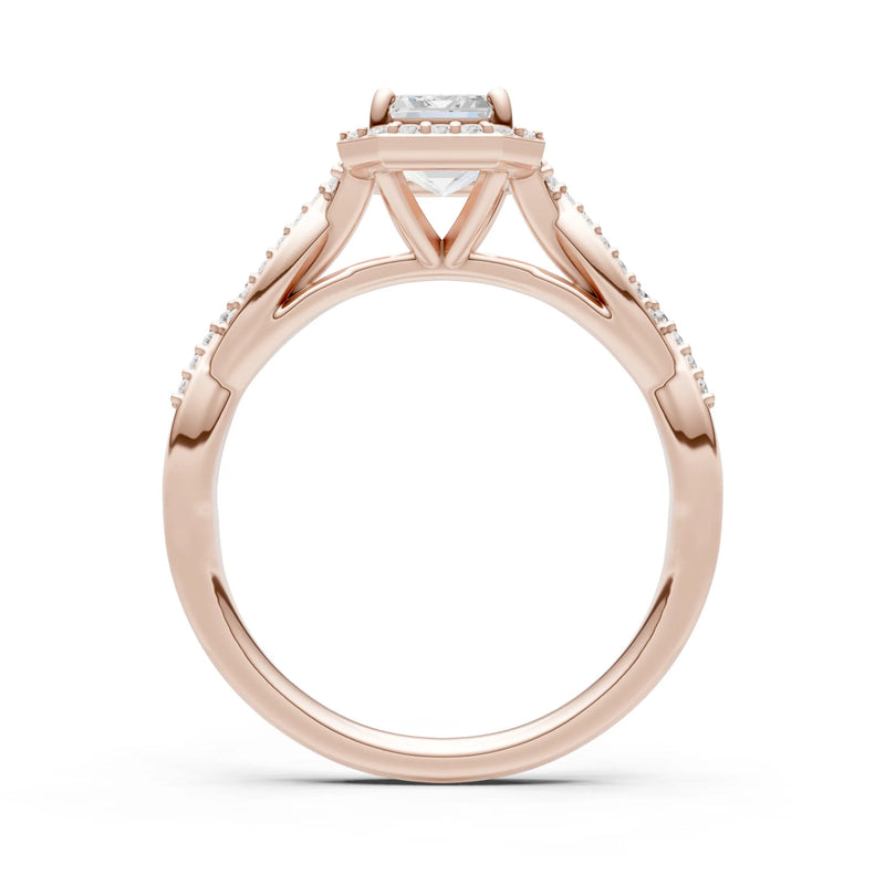 Diamond Twisted Vine Solitaire Emerald Cut Halo Ring with Accent