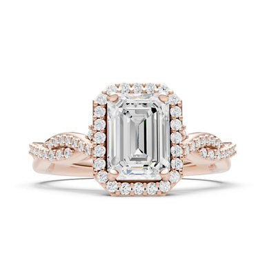 Diamond Twisted Vine Solitaire Emerald Cut Halo Ring with Accent