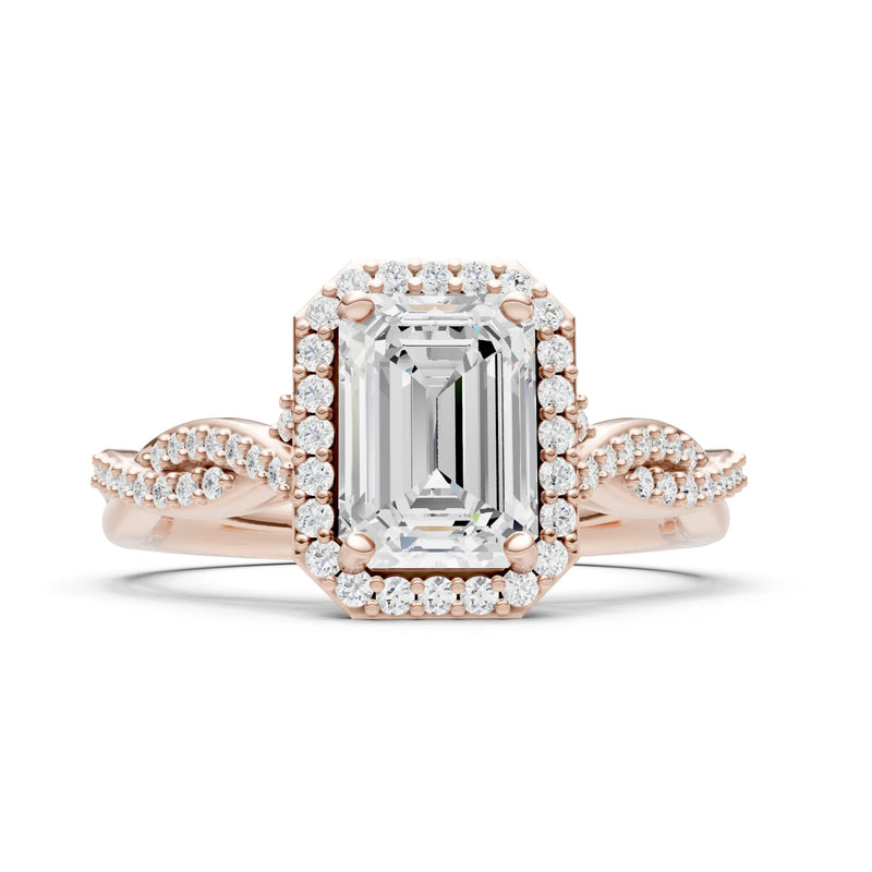 Diamond Twisted Vine Solitaire Emerald Cut Halo Ring with Accent