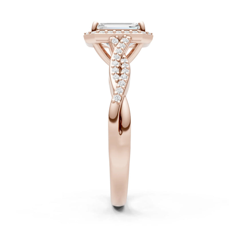 Diamond Twisted Vine Solitaire Emerald Cut Halo Ring with Accent