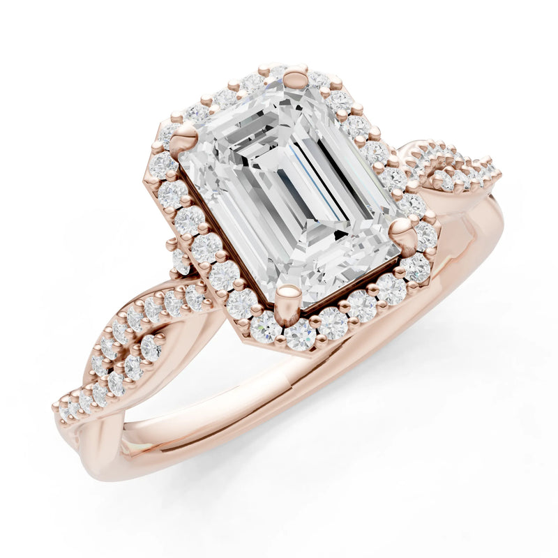 Diamond Twisted Vine Solitaire Emerald Cut Halo Ring with Accent
