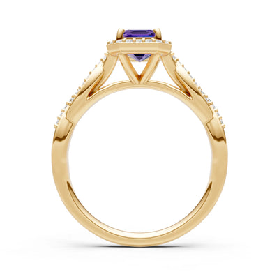 Amethyst Twisted Vine Solitaire Emerald Cut Halo Ring with Accent