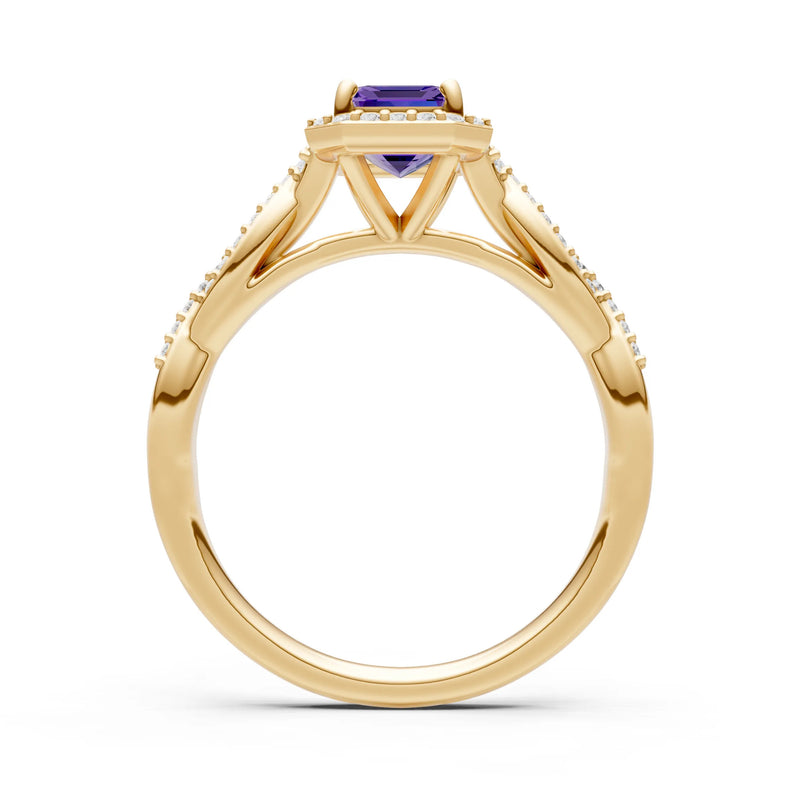 Amethyst Twisted Vine Solitaire Emerald Cut Halo Ring with Accent