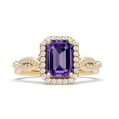 Amethyst Twisted Vine Solitaire Emerald Cut Halo Ring with Accent