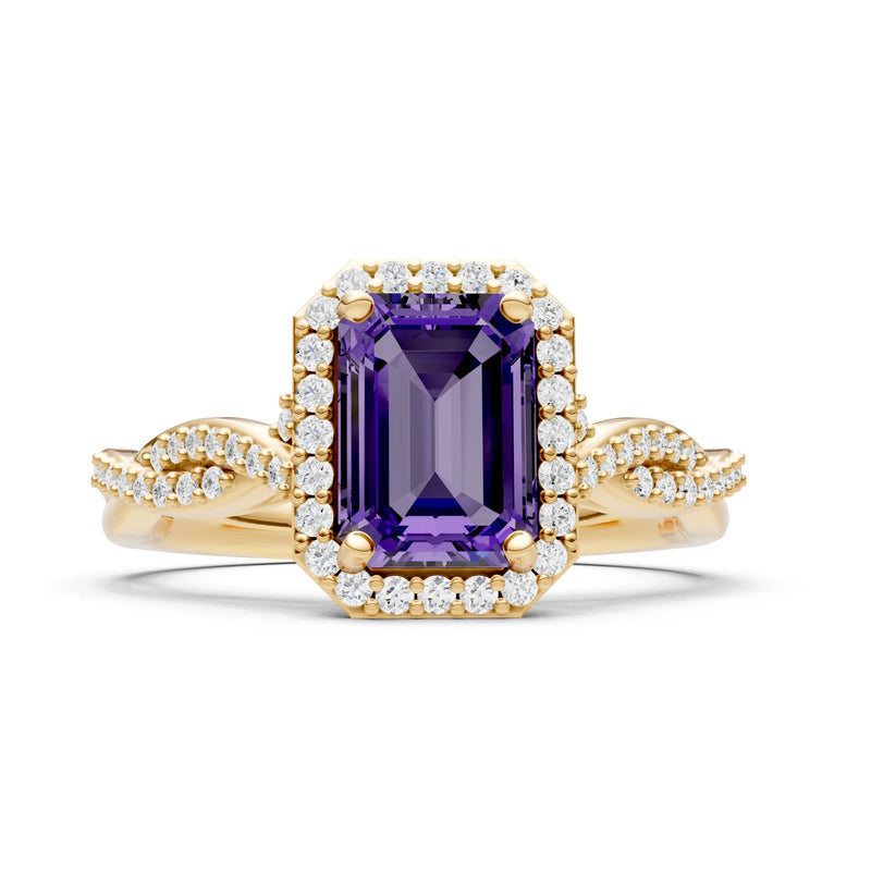 Amethyst Twisted Vine Solitaire Emerald Cut Halo Ring with Accent