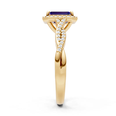 Amethyst Twisted Vine Solitaire Emerald Cut Halo Ring with Accent