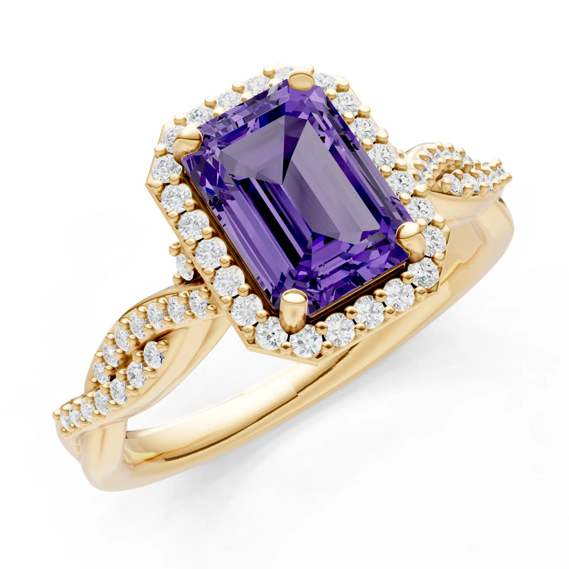 Amethyst Twisted Vine Solitaire Emerald Cut Halo Ring with Accent