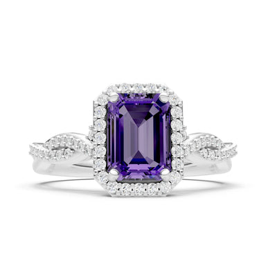 Twisted Vine Solitaire Emerald Cut Halo Ring with Accent