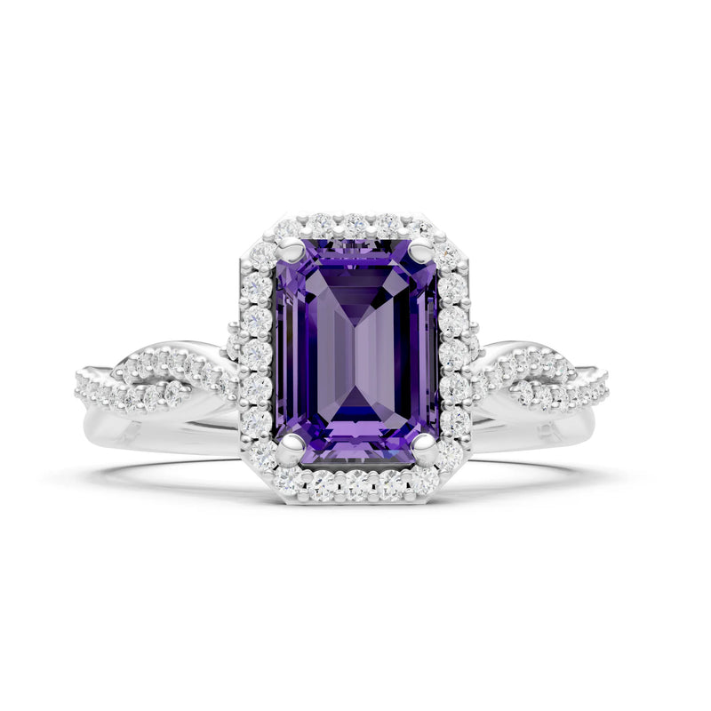 Twisted Vine Solitaire Emerald Cut Halo Ring with Accent