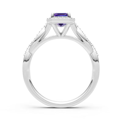Amethyst Twisted Vine Solitaire Emerald Cut Halo Ring with Accent