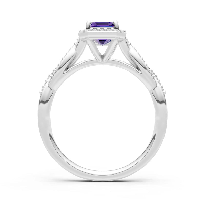 Amethyst Twisted Vine Solitaire Emerald Cut Halo Ring with Accent