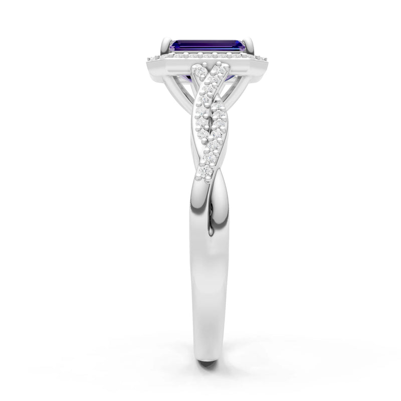 Amethyst Twisted Vine Solitaire Emerald Cut Halo Ring with Accent