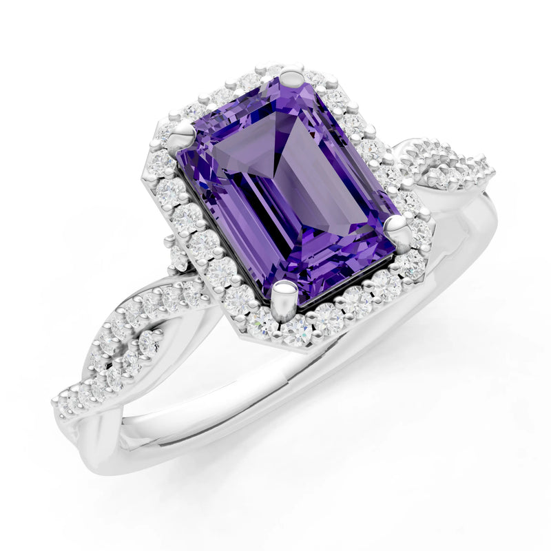 Amethyst Twisted Vine Solitaire Emerald Cut Halo Ring with Accent