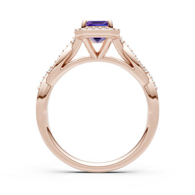 Amethyst Twisted Vine Solitaire Emerald Cut Halo Ring with Accent