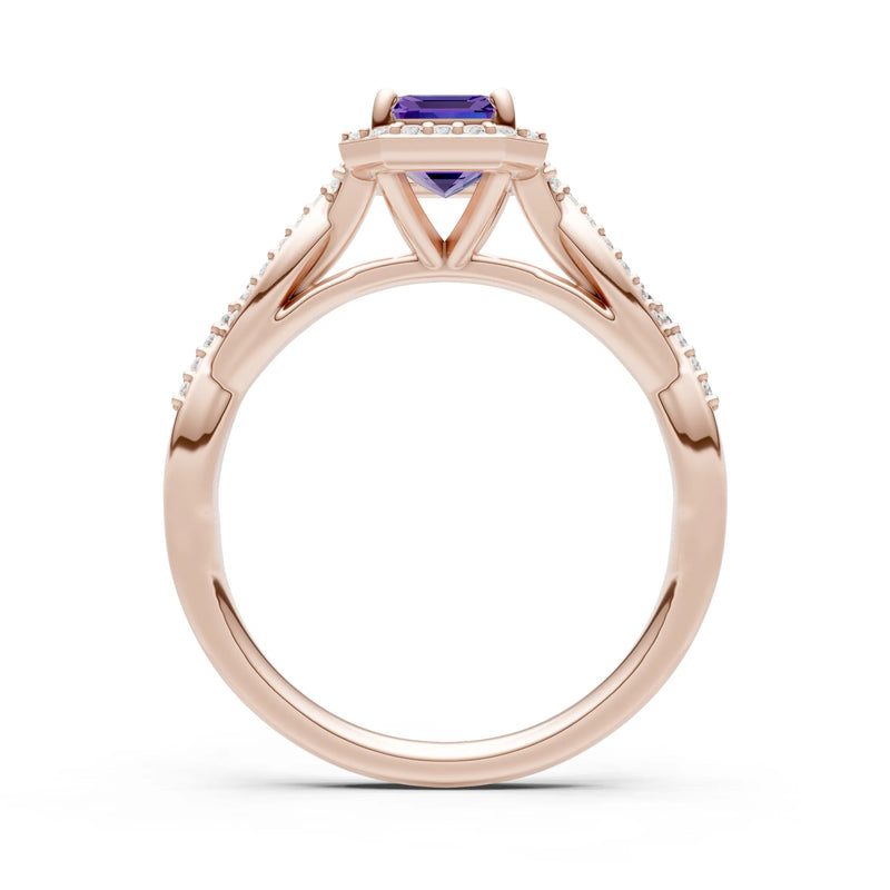 Amethyst Twisted Vine Solitaire Emerald Cut Halo Ring with Accent