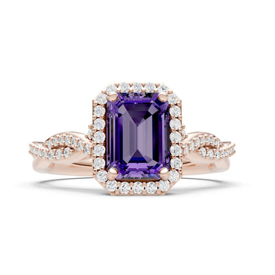 Amethyst Twisted Vine Solitaire Emerald Cut Halo Ring with Accent
