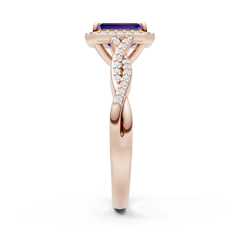 Amethyst Twisted Vine Solitaire Emerald Cut Halo Ring with Accent