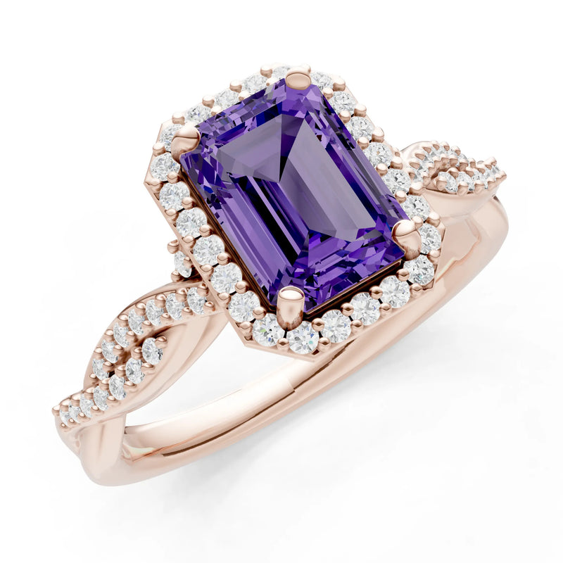 Amethyst Twisted Vine Solitaire Emerald Cut Halo Ring with Accent