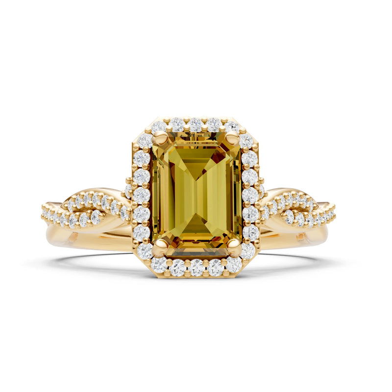 Citrine Twisted Vine Solitaire Emerald Cut Halo Ring with Accent
