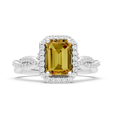 Citrine Twisted Vine Solitaire Emerald Cut Halo Ring with Accent