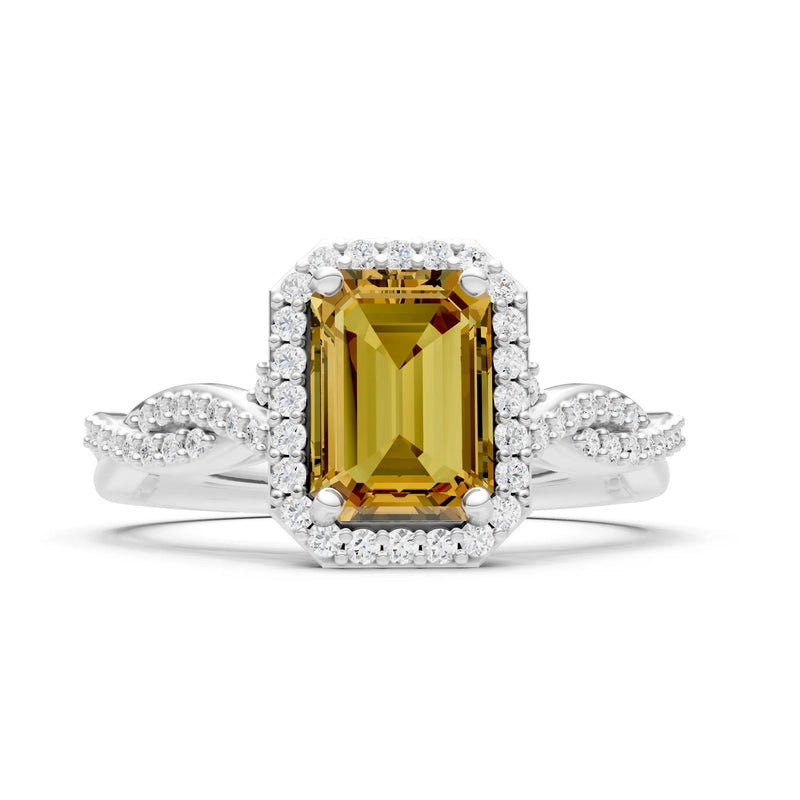 Citrine Twisted Vine Solitaire Emerald Cut Halo Ring with Accent