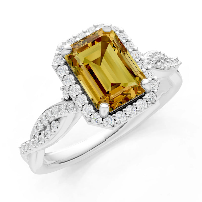 Citrine Twisted Vine Solitaire Emerald Cut Halo Ring with Accent