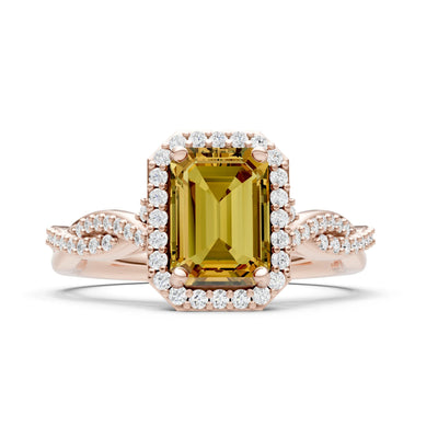 Citrine Twisted Vine Solitaire Emerald Cut Halo Ring with Accent